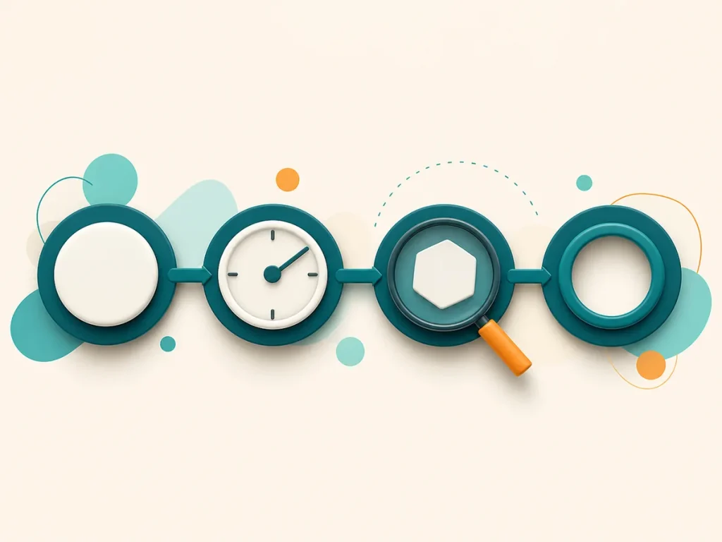Ilustração de etapas de verificação com nós, relógio, lupa e marca de conferência